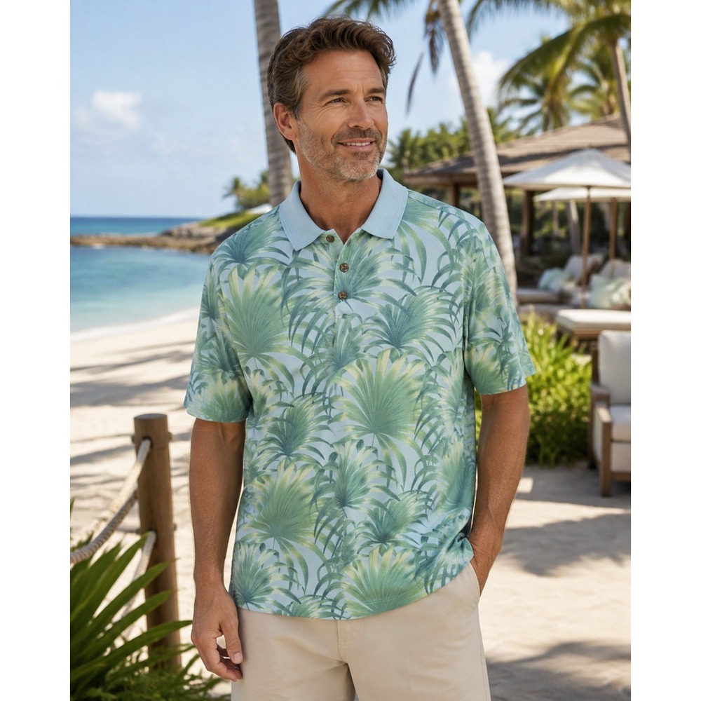 Tommy Bahama Polo Shirt Mens L Silk Cotton Palm Leaf Hawaiian Blue Green -388